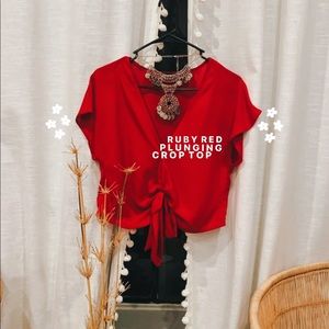• Ruby Red • Romantic Plunging Crop Bow Blouse •